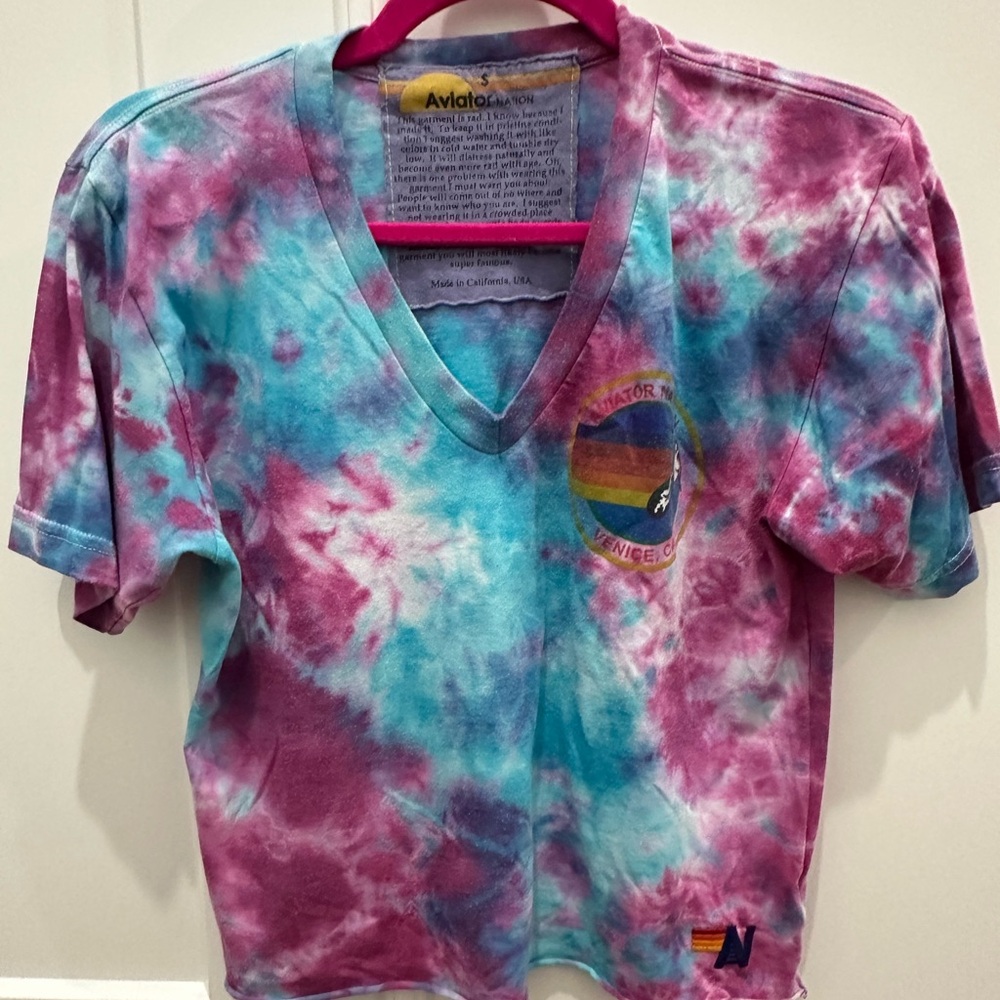 Aviator Nation Pink & Aqua Tie-Dye V-Neck Tee Size S - Picture 3 of 5